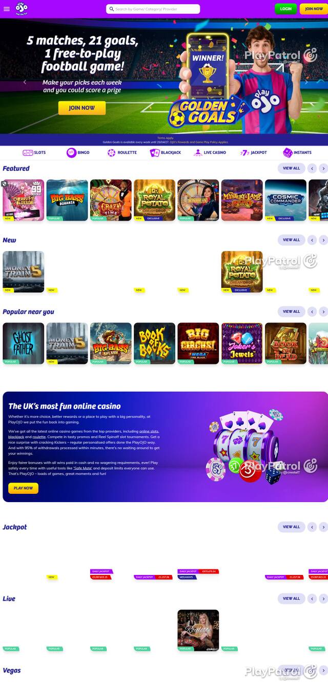 Homepage capture of PlayOJO recorded during the scan