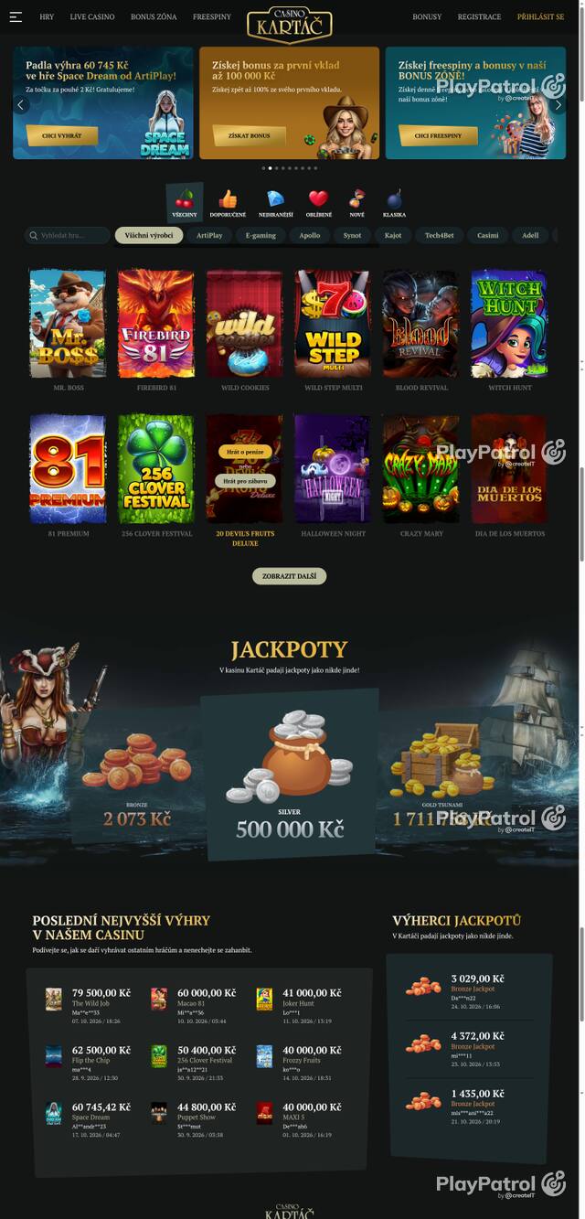Capture of the front page of Casino Kartac (casino-kartac.cz) on 28 October 2026