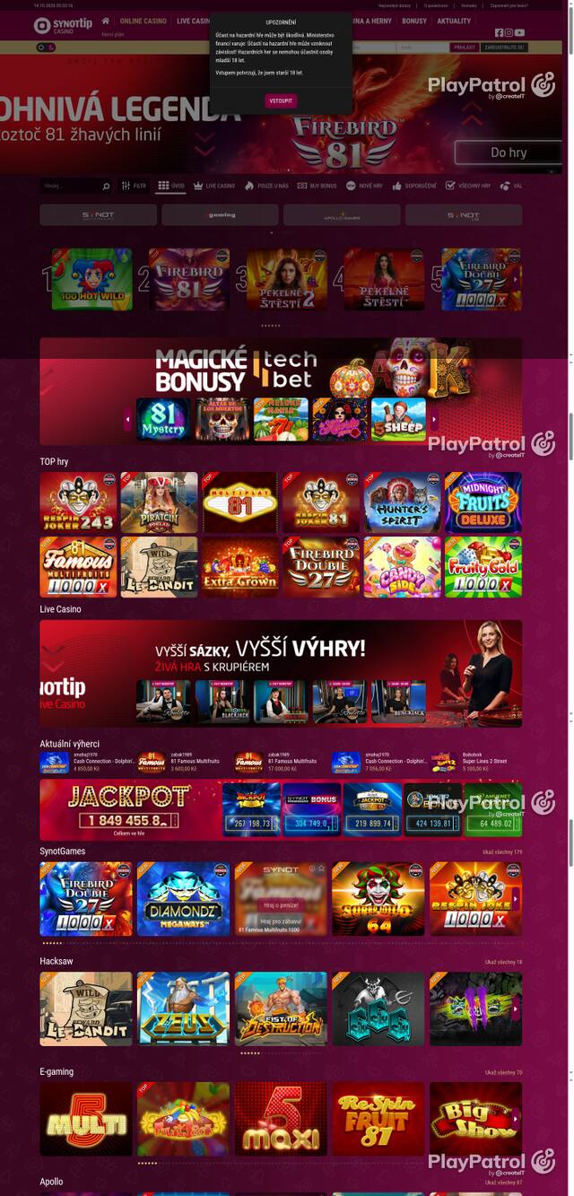 Capture of the front page of Synot Tip (casino.synottip.cz) on 14 October 2026