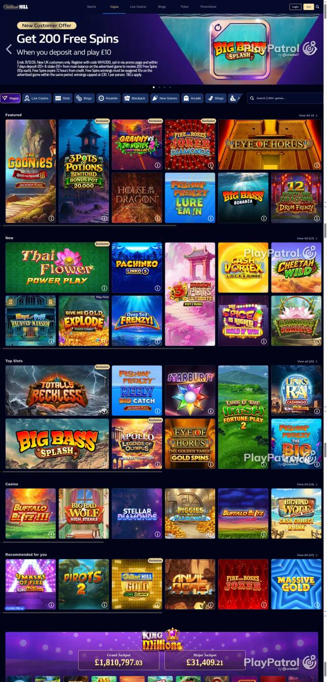 Capture of the front page of William Hill (vegas.williamhill.com) on 9 October 2026