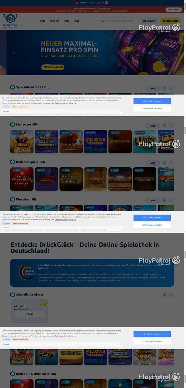 Capture of the front page of DrückGlück (drueckglueck.de) on 7 October 2026