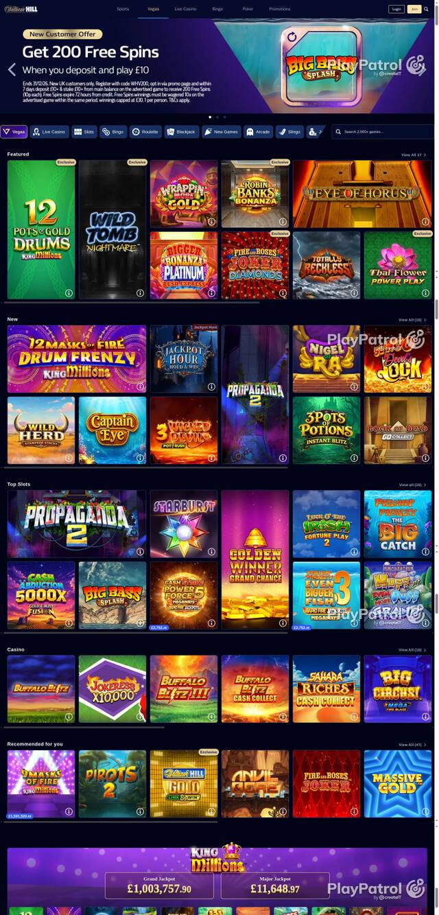 Capture of the front page of William Hill (vegas.williamhill.com) on 27 October 2026