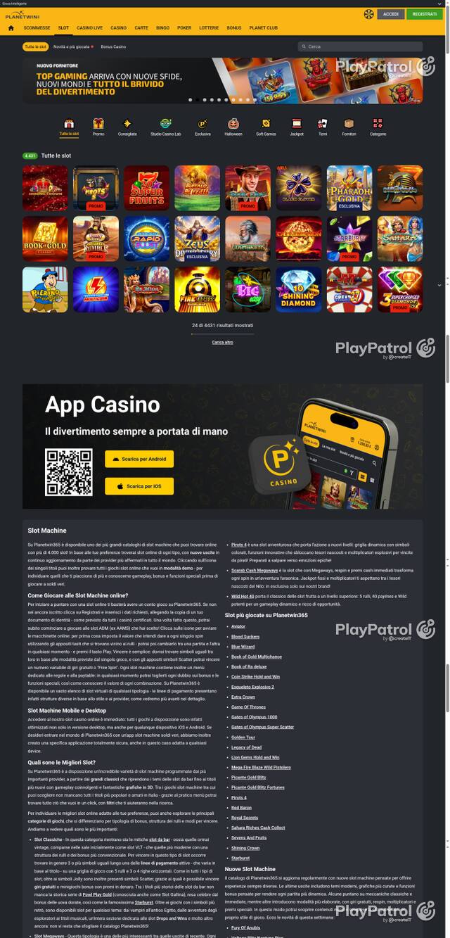 Capture of the front page of Planetwin365 (planetwin365.it) on 25 October 2026