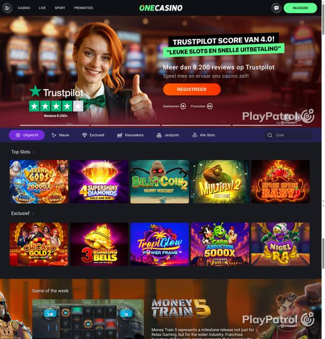 Capture of the front page of One Casino (nl.onecasino.com) on 7 October 2026