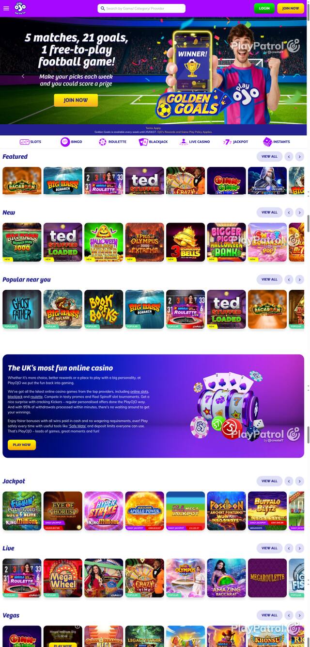 Capture of the front page of PlayOJO (playojo.com) on 30 October 2026