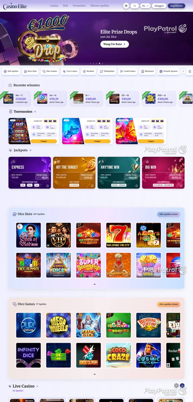 Front page of casinoelite.be as captured on 29 October 2026