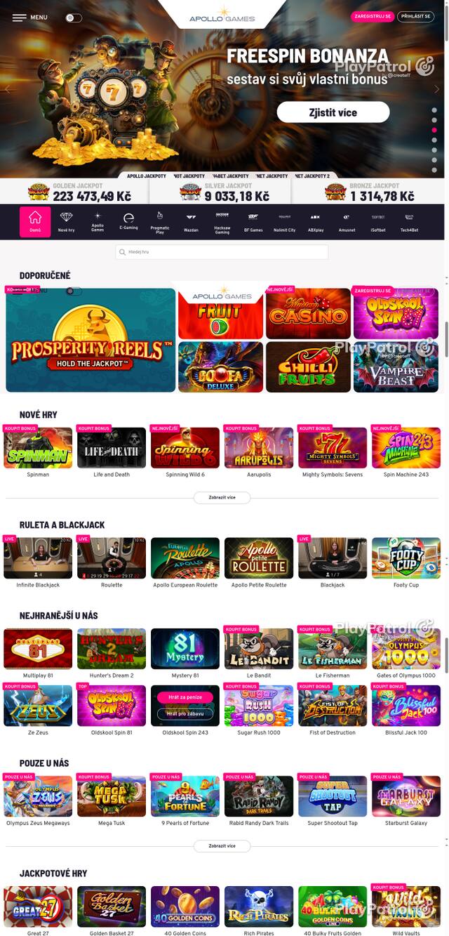 Capture of the front page of Apollo Games (apollogames.cz) on 9 October 2026