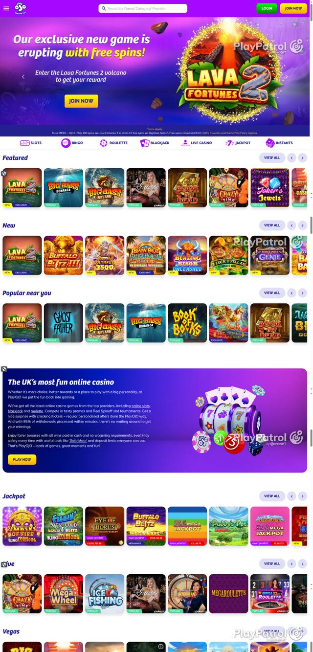 Capture of the front page of PlayOJO (playojo.com) on 12 October 2026