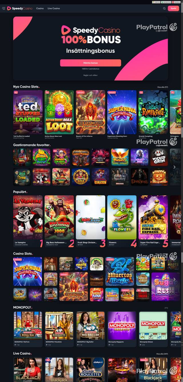 Capture of the front page of speedycasino.com (speedycasino.com) on 22 October 2026
