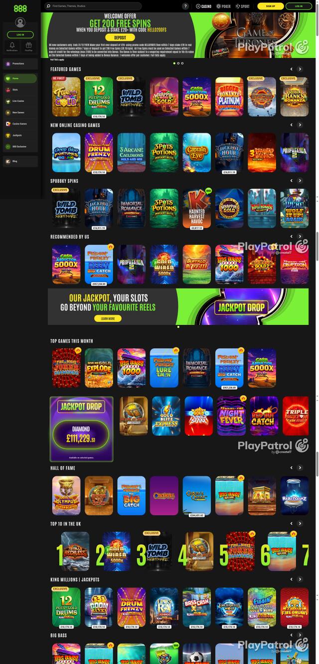 Capture of the front page of 888casino (888casino.com) on 28 October 2026