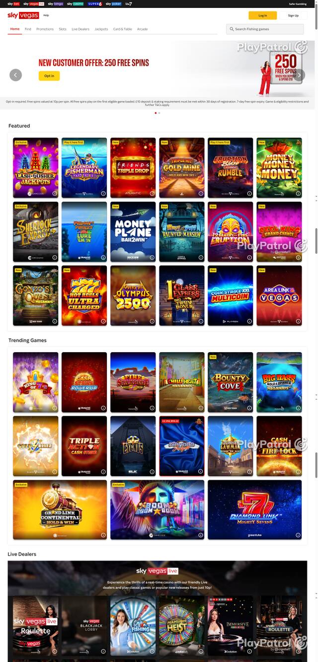 Capture of the front page of Sky Vegas (skyvegas.com) on 17 October 2026