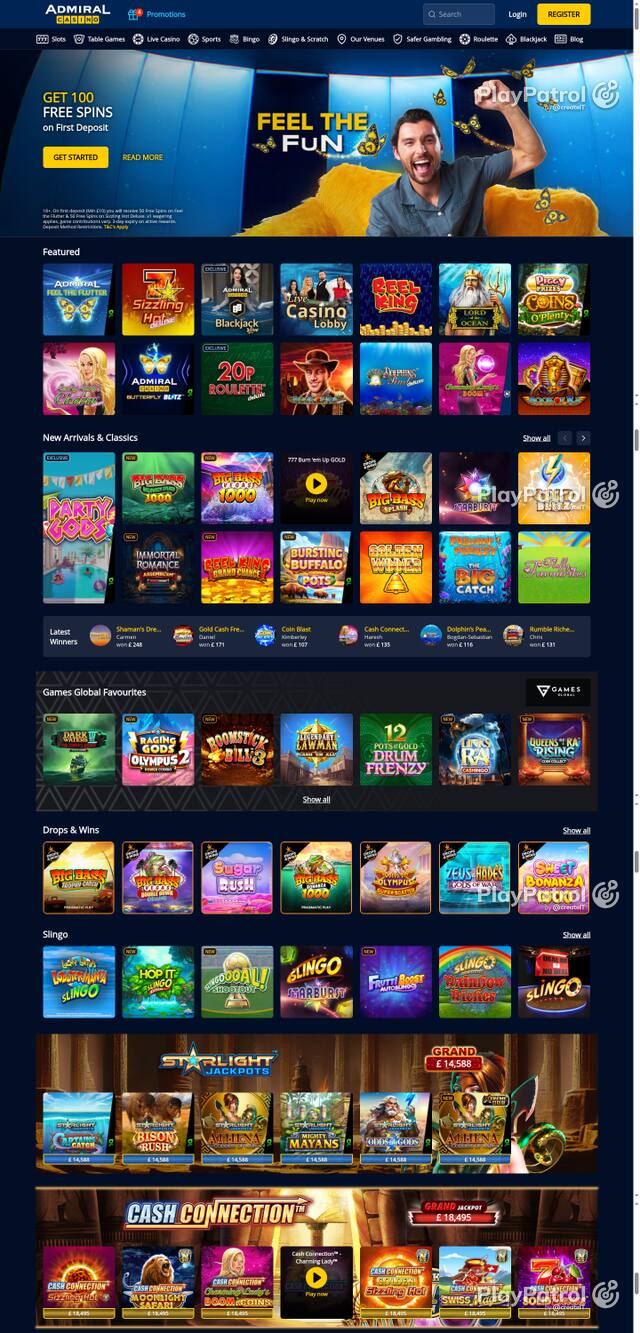 Capture of the front page of Admiral Casino (admiralcasino.co.uk) on 16 October 2026