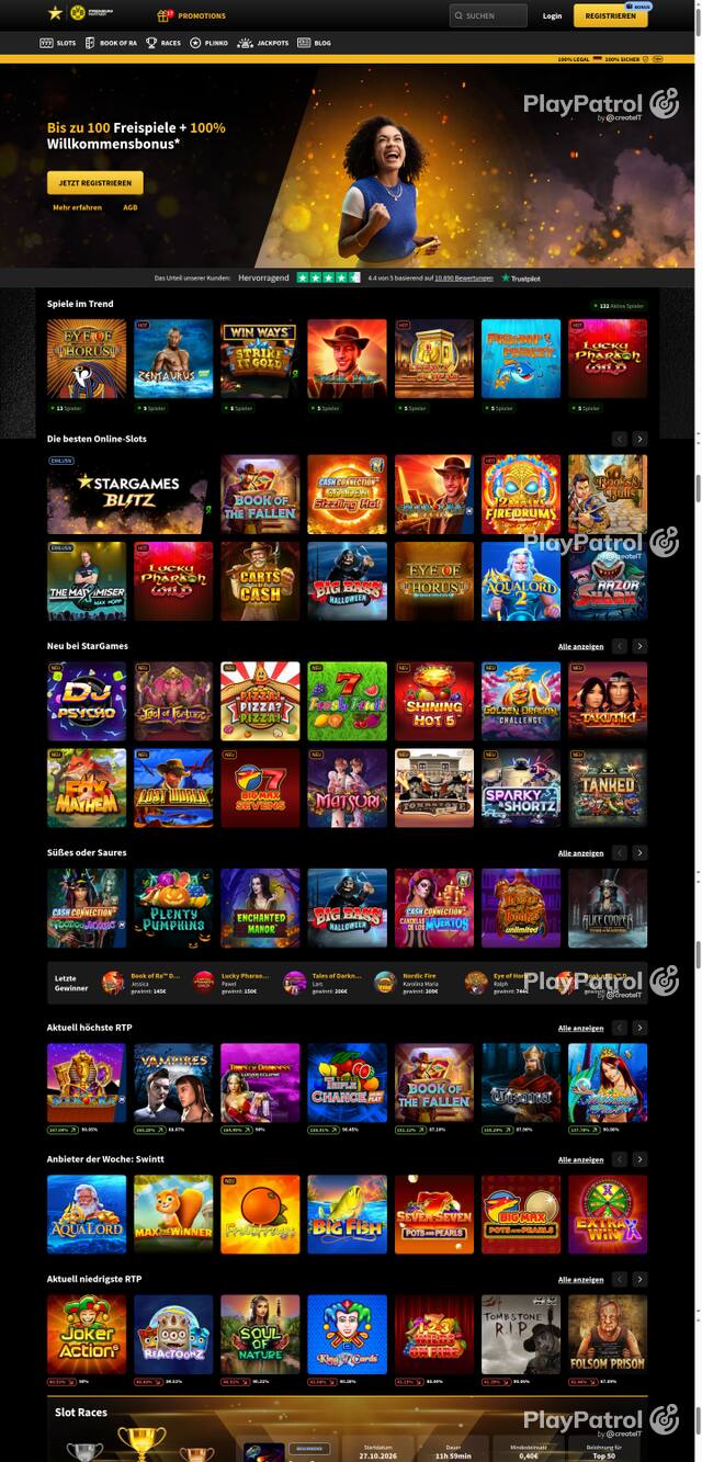 Capture of the front page of StarGames (stargames.de) on 23 October 2026