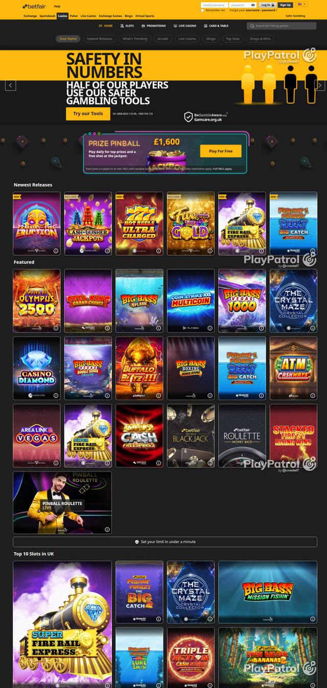 Capture of the front page of Betfair Casino (casino.betfair.com) on 2 October 2026