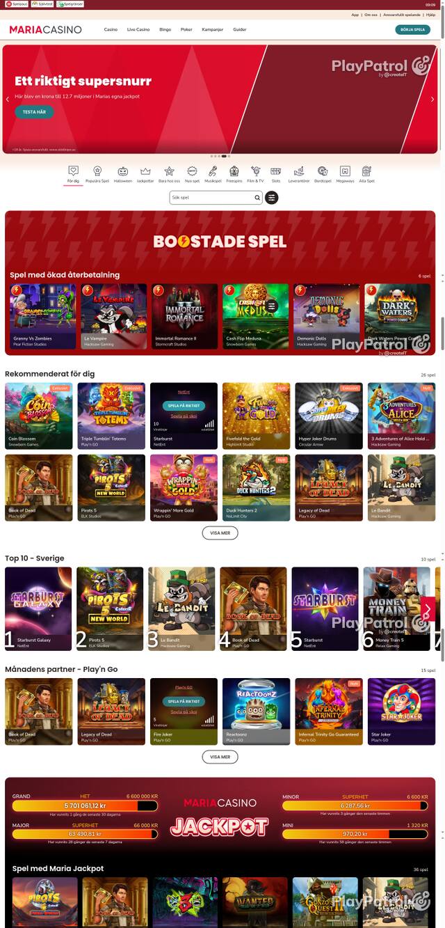 Capture of the front page of mariacasino.se (mariacasino.se) on 30 October 2026
