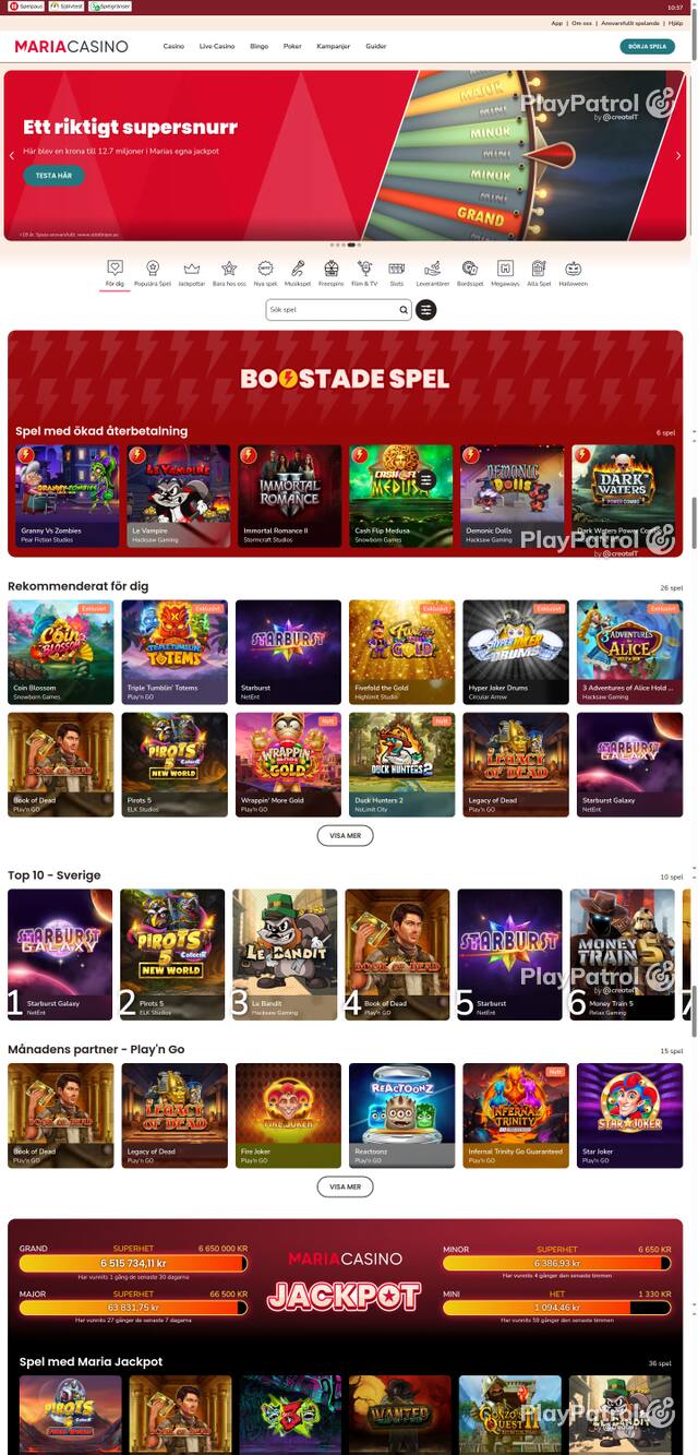 Front page of mariacasino.se as captured on 26 October 2026