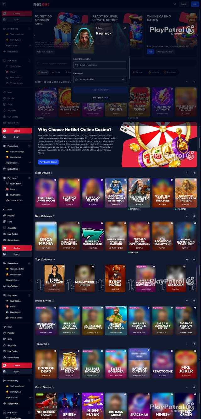 Capture of the front page of NetBet Casino (netbet.co.uk) on 16 October 2026