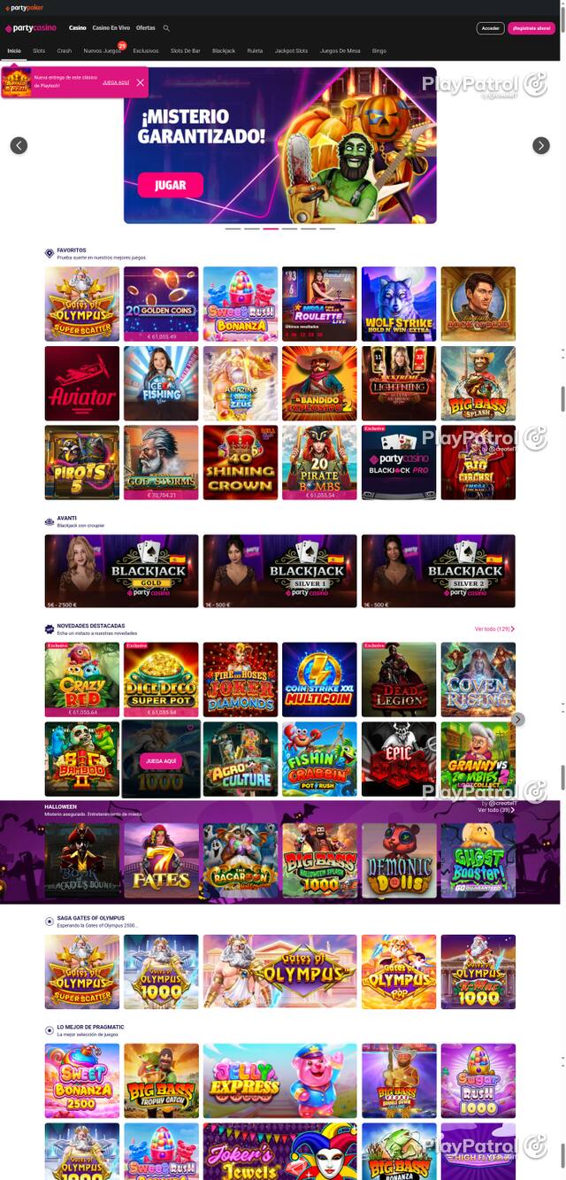 Capture of the front page of PartyCasino (partycasino.es) on 24 October 2026