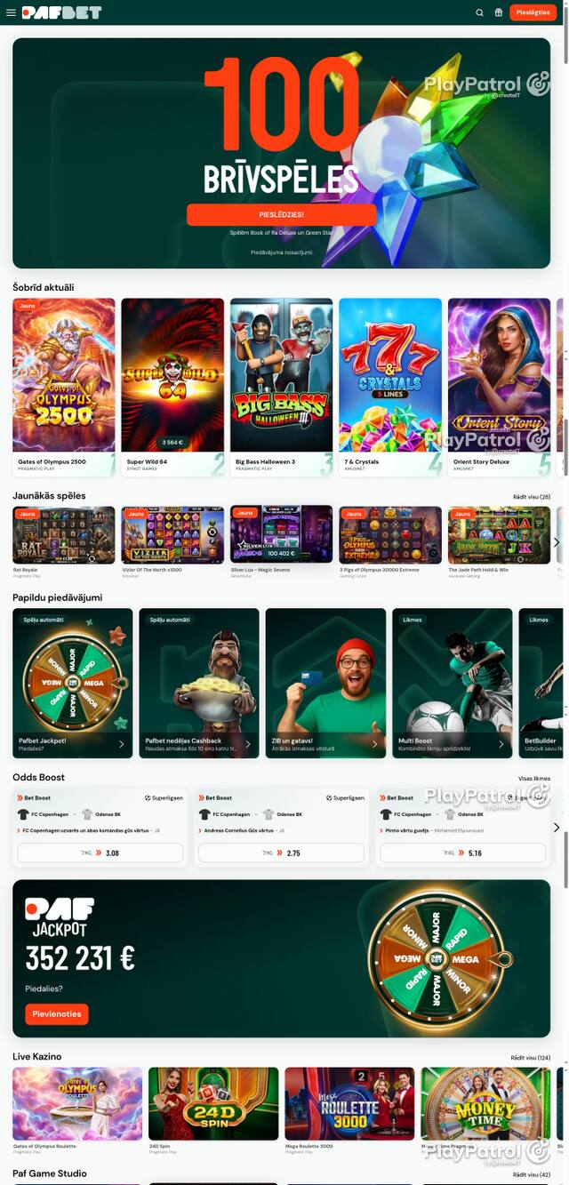 Capture of the front page of pafbet.lv (pafbet.lv) on 26 October 2026