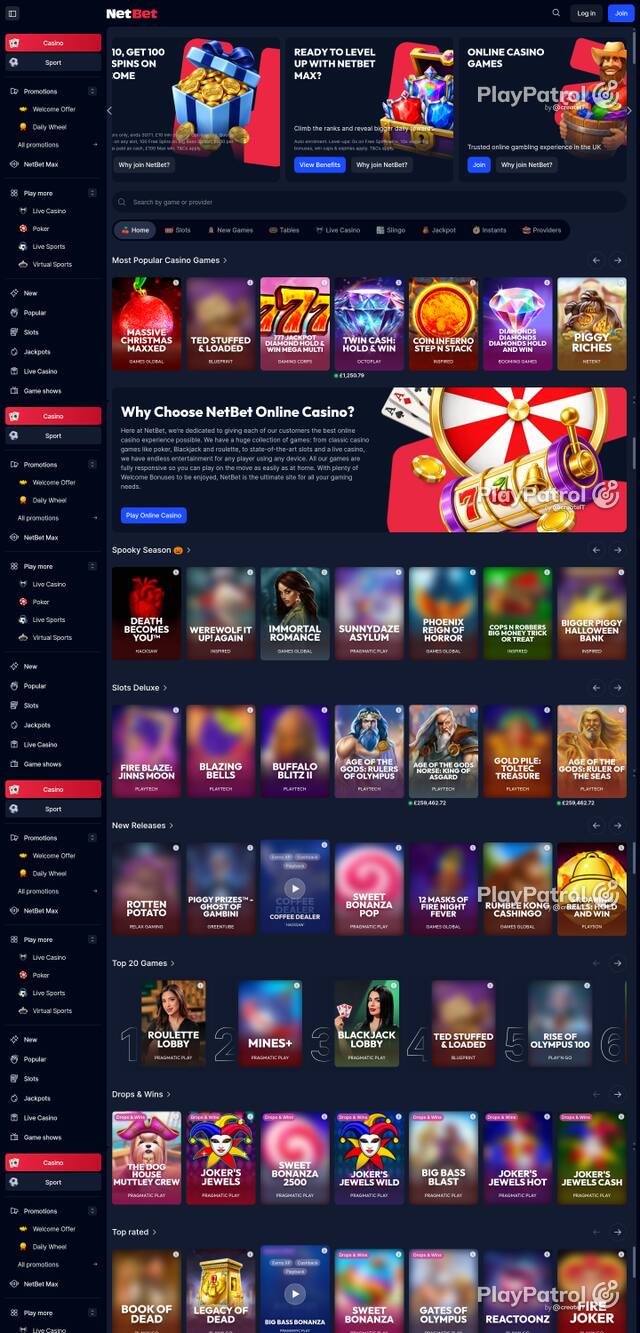 Capture of the front page of NetBet Casino (netbet.co.uk) on 24 October 2026