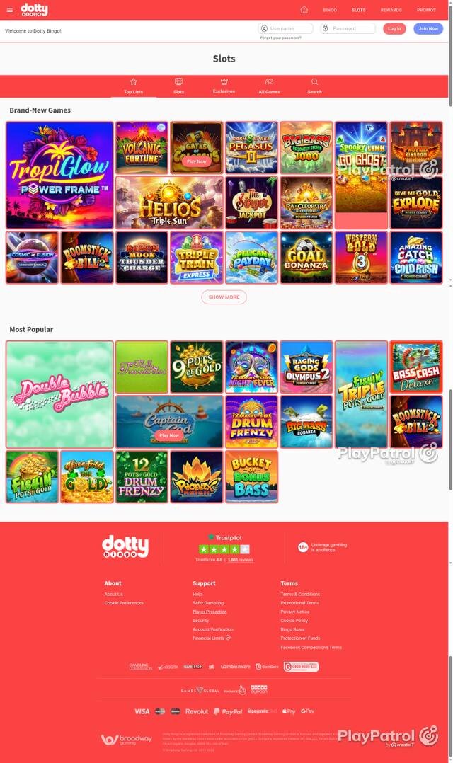 Capture of the front page of Dotty Bingo (dottybingo.com) on 20 October 2026