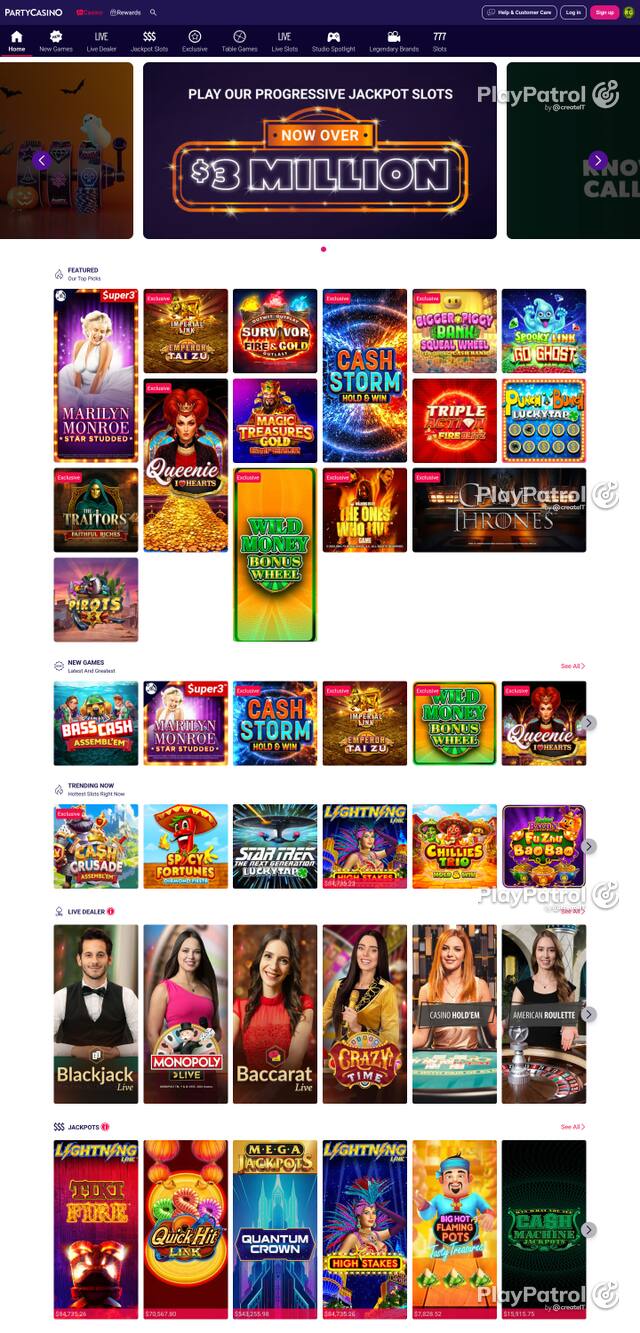 Front page of nj.partycasino.com as captured on 29 October 2026