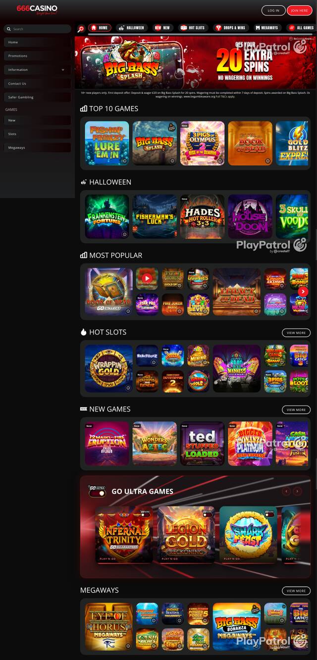 Capture of the front page of 666 Casino (666casino.com) on 20 October 2026