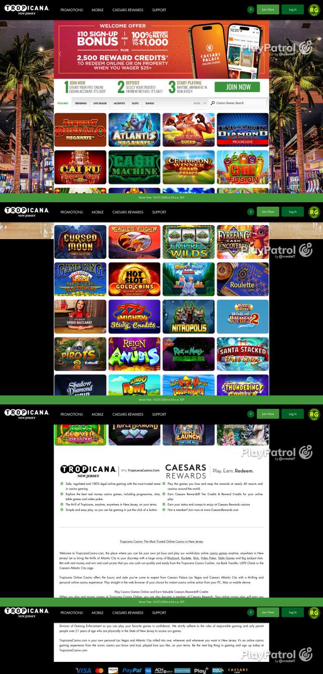 Front page of tropicanacasino.com as captured on 27 October 2026