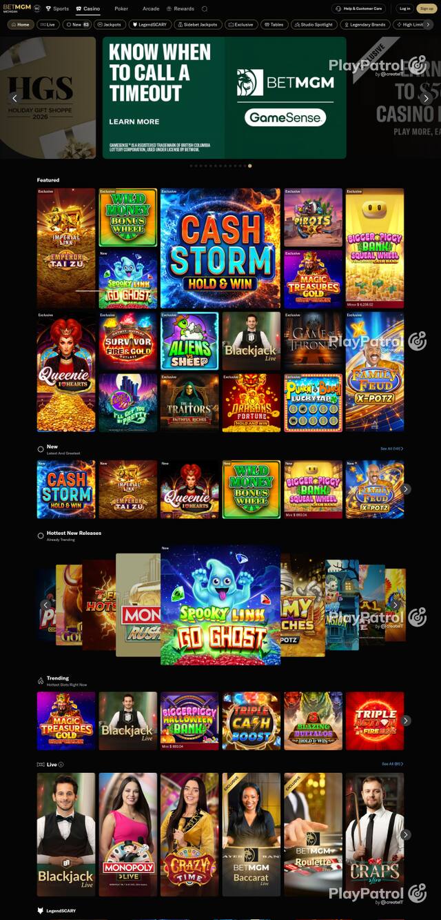 Front page of casino.mi.betmgm.com as captured on 27 October 2026