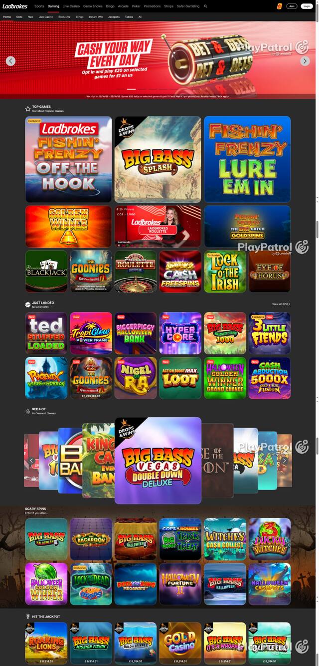 Capture of the front page of Ladbrokes (casino.ladbrokes.com) on 19 October 2026