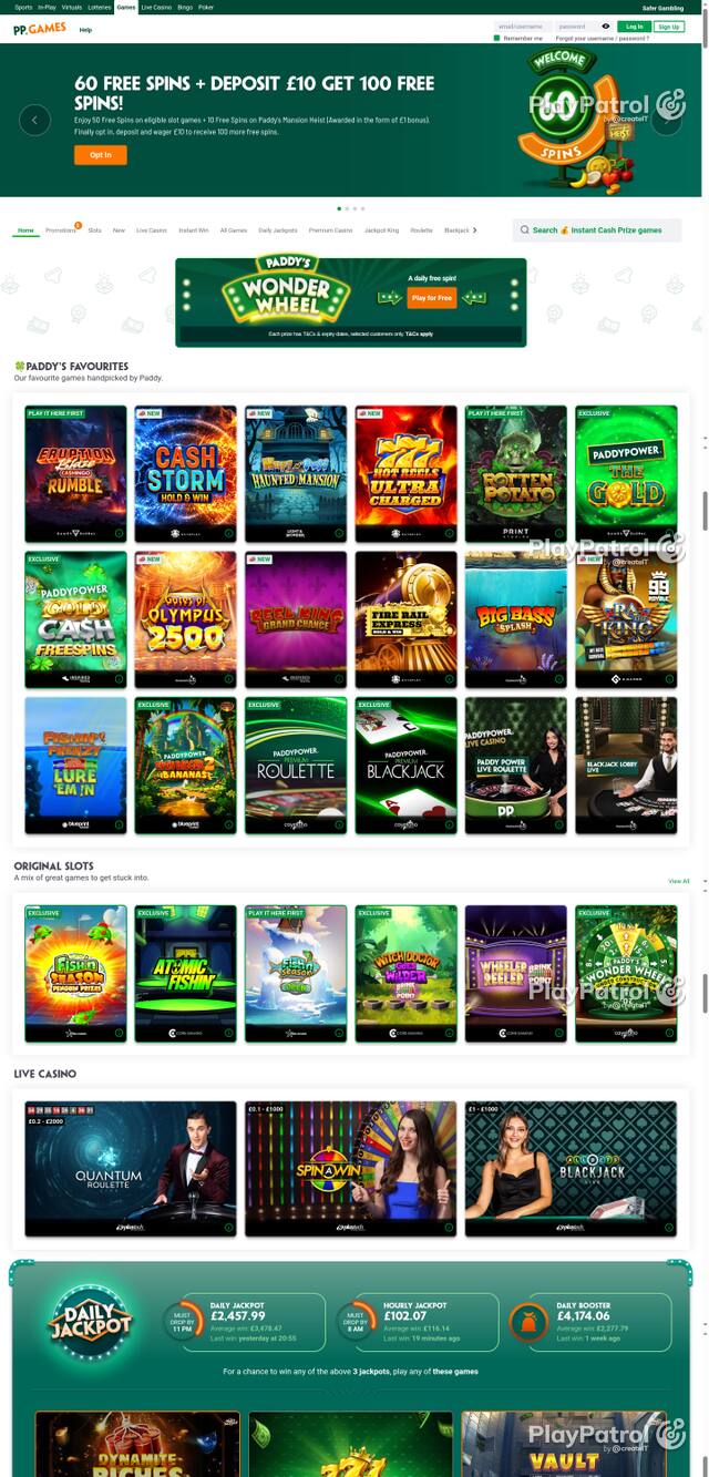 Capture of the front page of Paddy Power Games (games.paddypower.com) on 12 October 2026