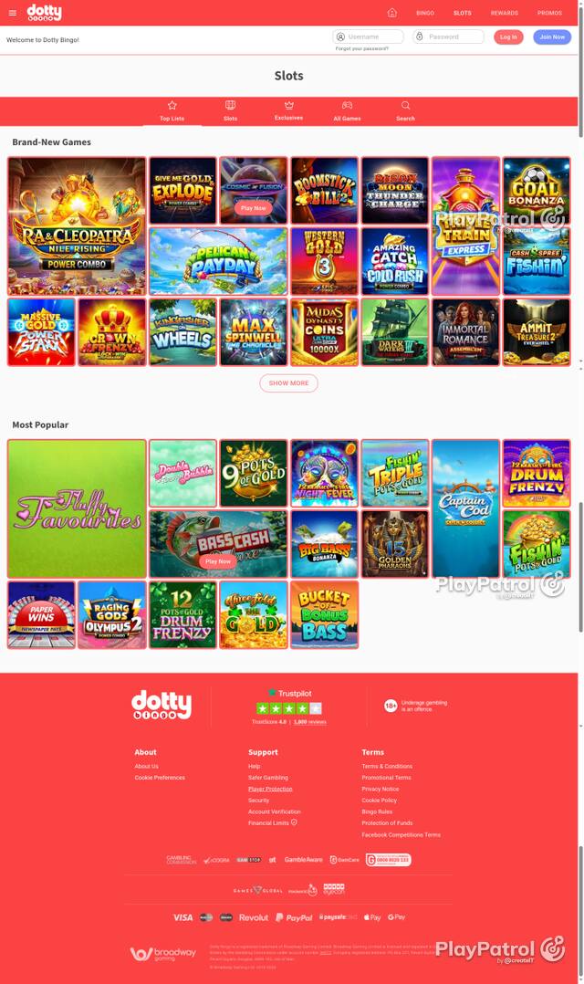 Capture of the front page of Dotty Bingo (dottybingo.com) on 12 October 2026