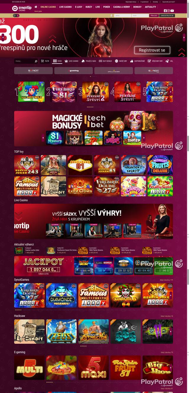 Capture of the front page of Synot Tip (casino.synottip.cz) on 28 October 2026