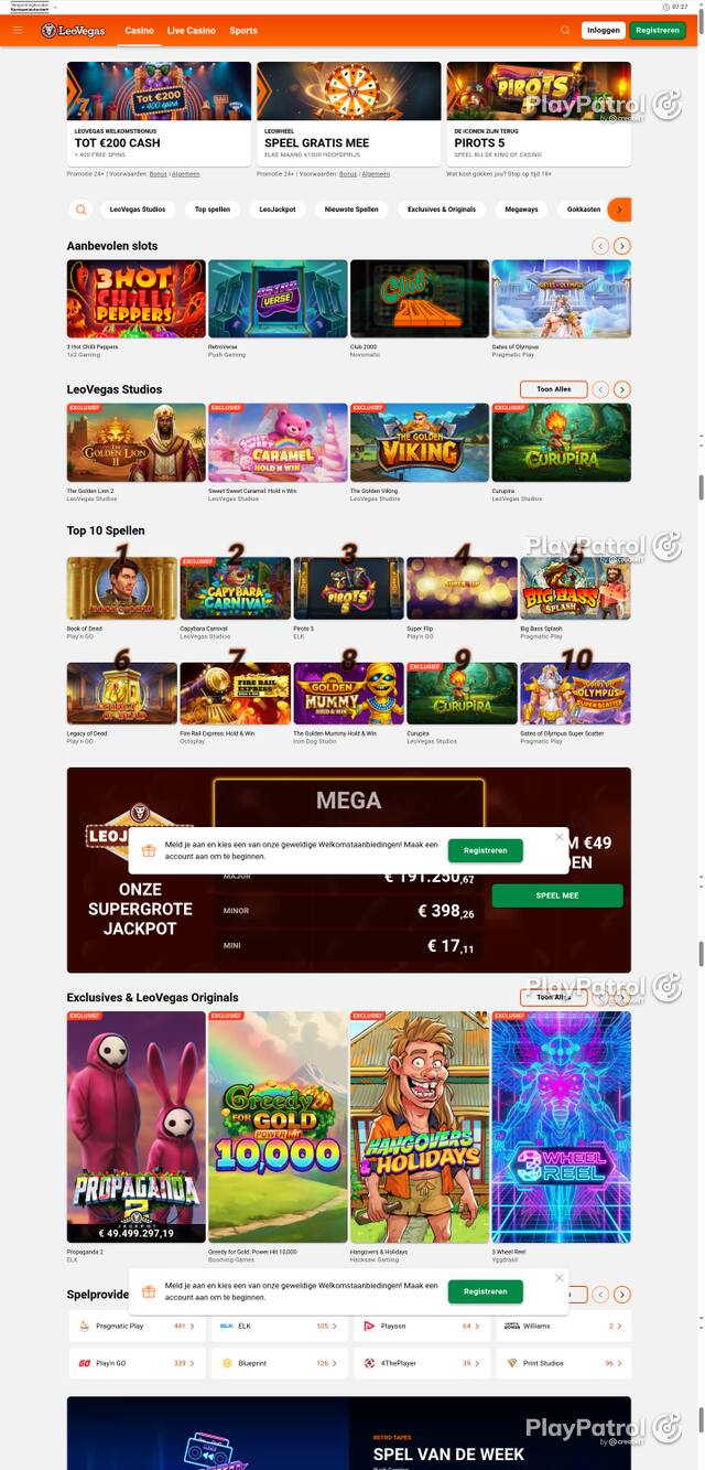 Capture of the front page of LeoVegas Casino Nederland (leovegas.nl) on 22 October 2026