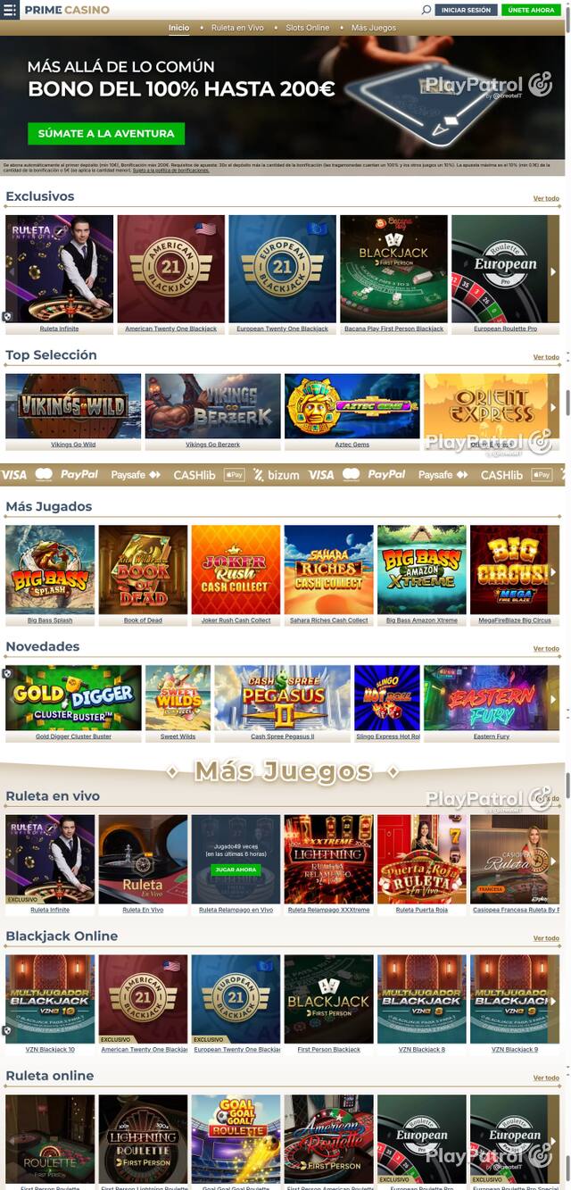 Capture of the front page of Prime Casino (primecasino.es) on 7 October 2026