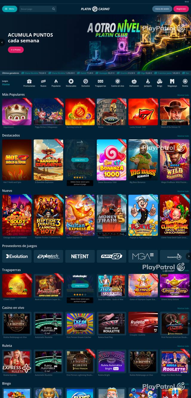 Capture of the front page of Platin Casino (platincasino.es) on 21 October 2026