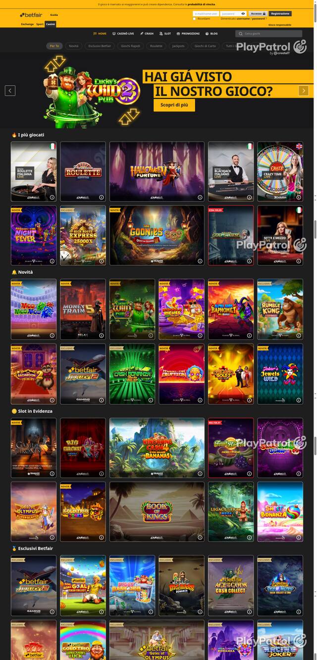 Capture of the front page of Betfair (casino.betfair.it) on 6 October 2026