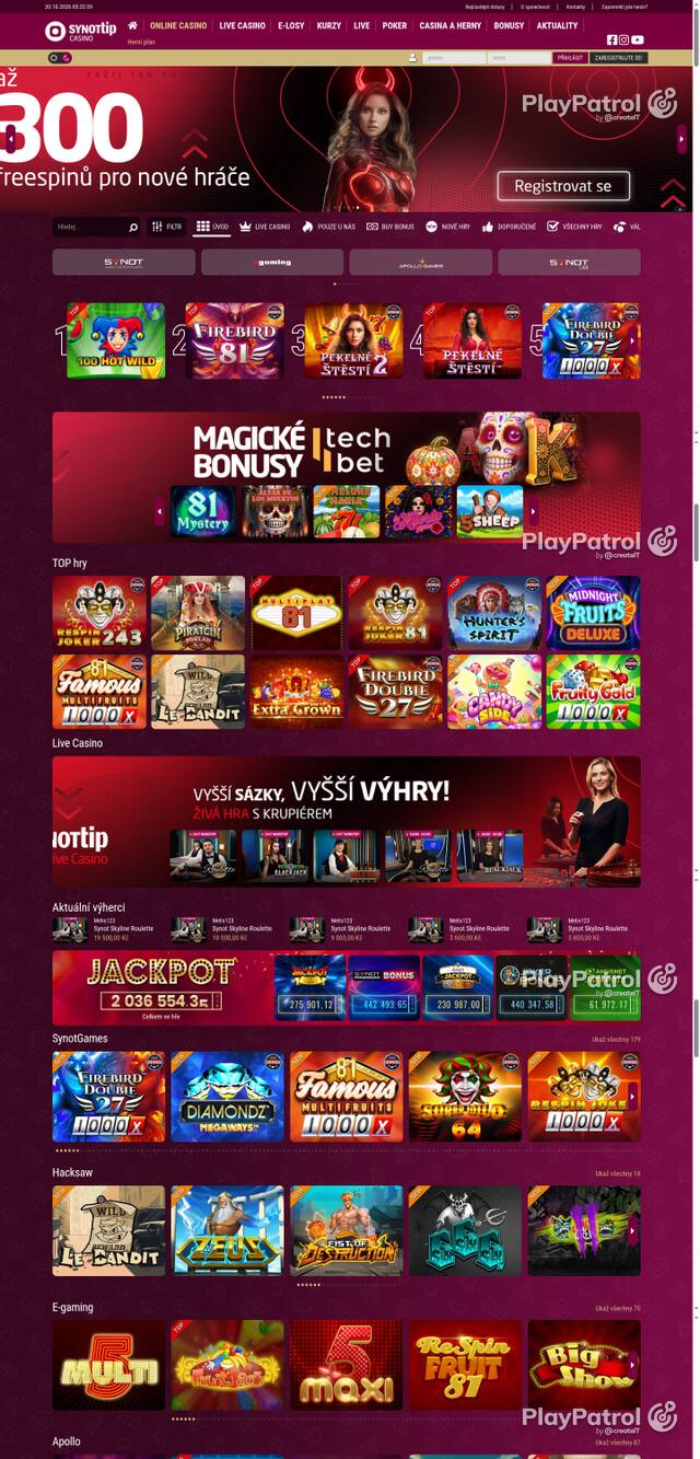 Capture of the front page of Synot Tip (casino.synottip.cz) on 20 October 2026
