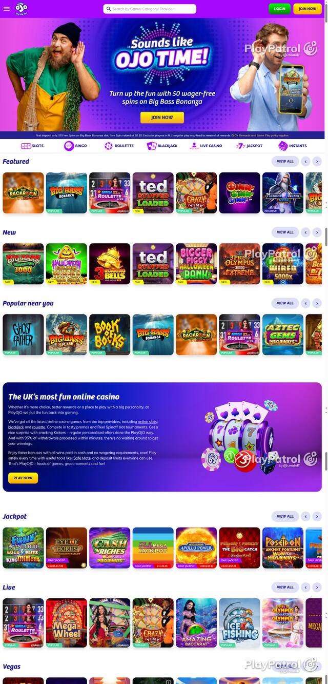 Capture of the front page of PlayOJO (playojo.com) on 28 October 2026