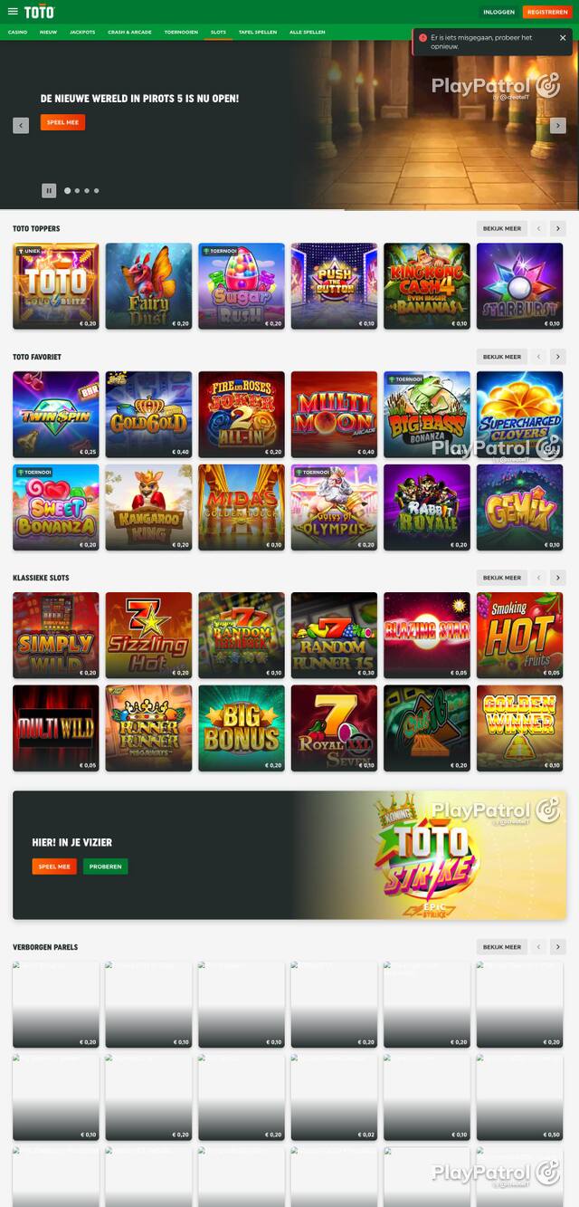 Homepage capture of TOTO Casino recorded during the scan