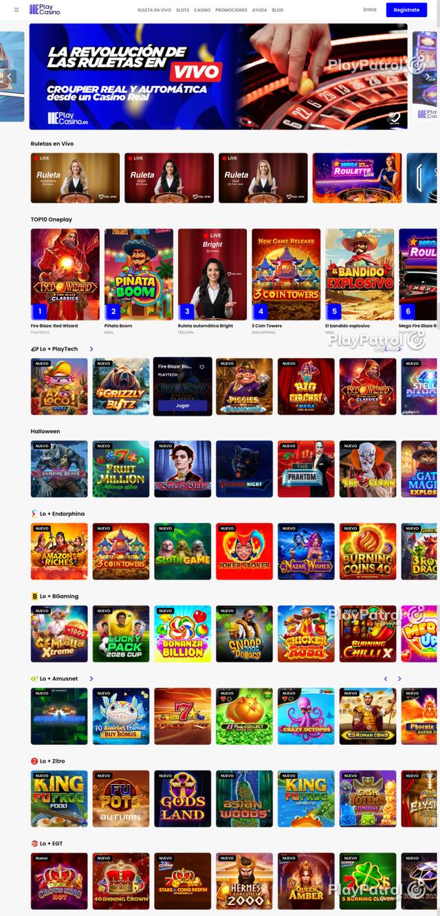 Capture of the front page of OnePlay Casino (oneplaycasino.es) on 21 October 2026