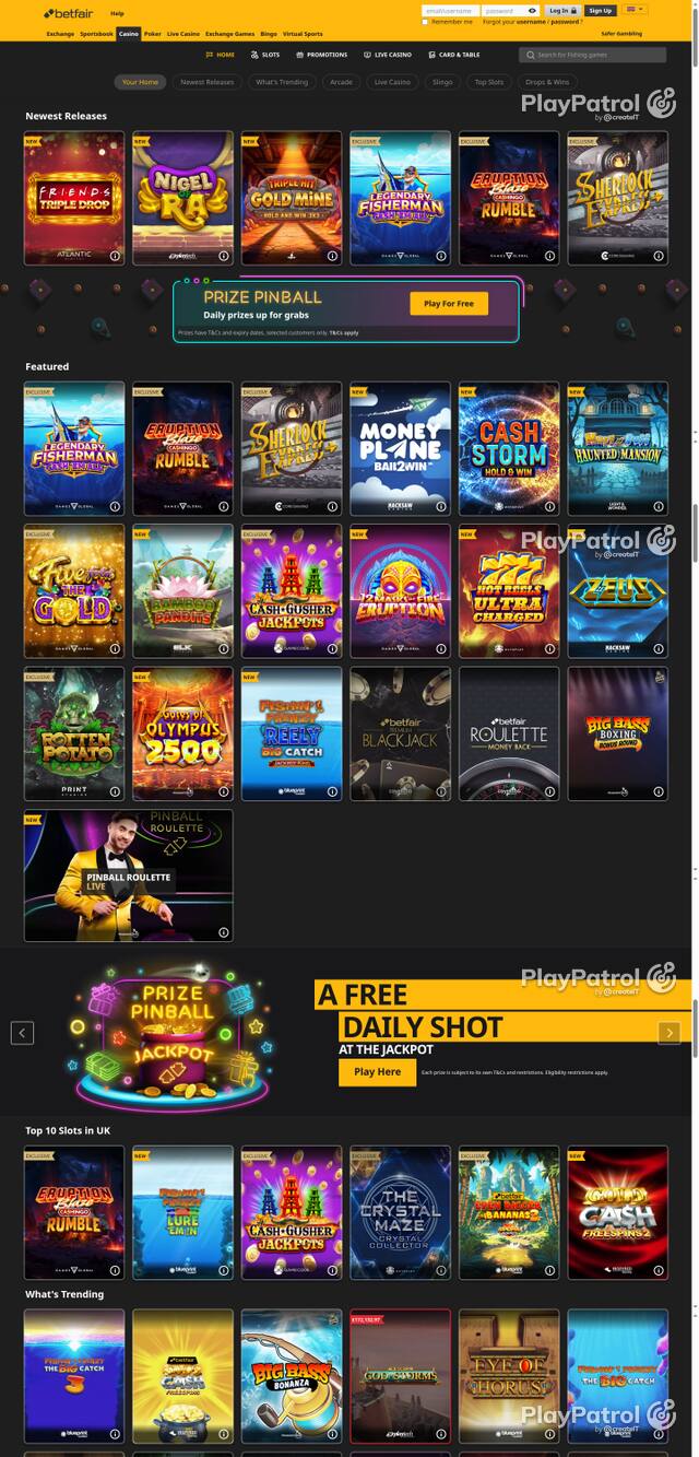Capture of the front page of Betfair Casino (casino.betfair.com) on 16 October 2026