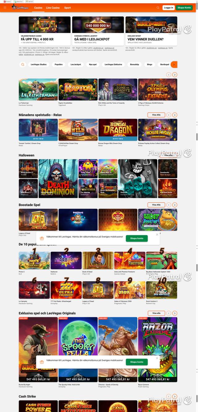Capture of the front page of leovegas.com (leovegas.com) on 28 October 2026