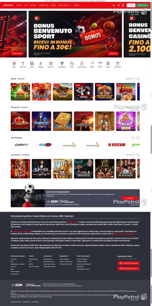 Capture of the front page of Sportium (sportium.it) on 9 October 2026