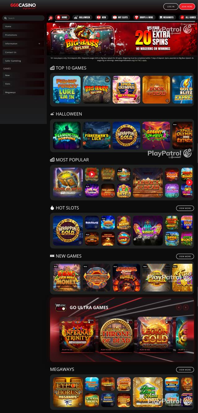 Capture of the front page of 666 Casino (666casino.com) on 30 October 2026