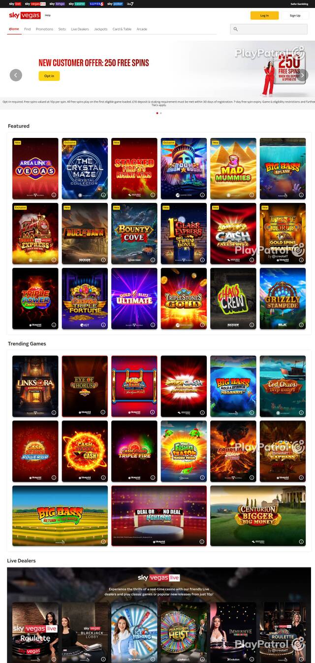 Homepage capture of Sky Vegas recorded during the scan