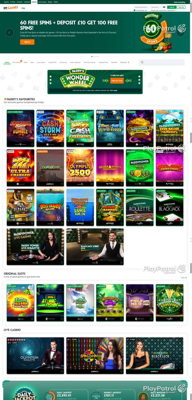 Capture of the front page of Paddy Power Games (games.paddypower.com) on 9 October 2026