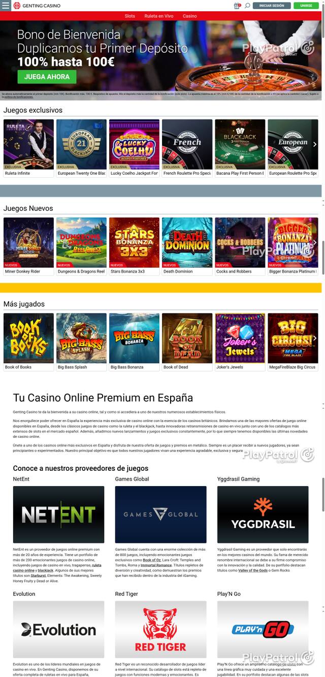 Capture of the front page of Genting Casino (gentingcasino.es) on 23 October 2026