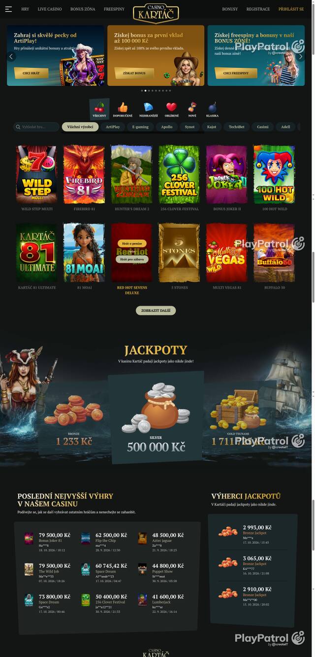Capture of the front page of Casino Kartac (casino-kartac.cz) on 20 October 2026