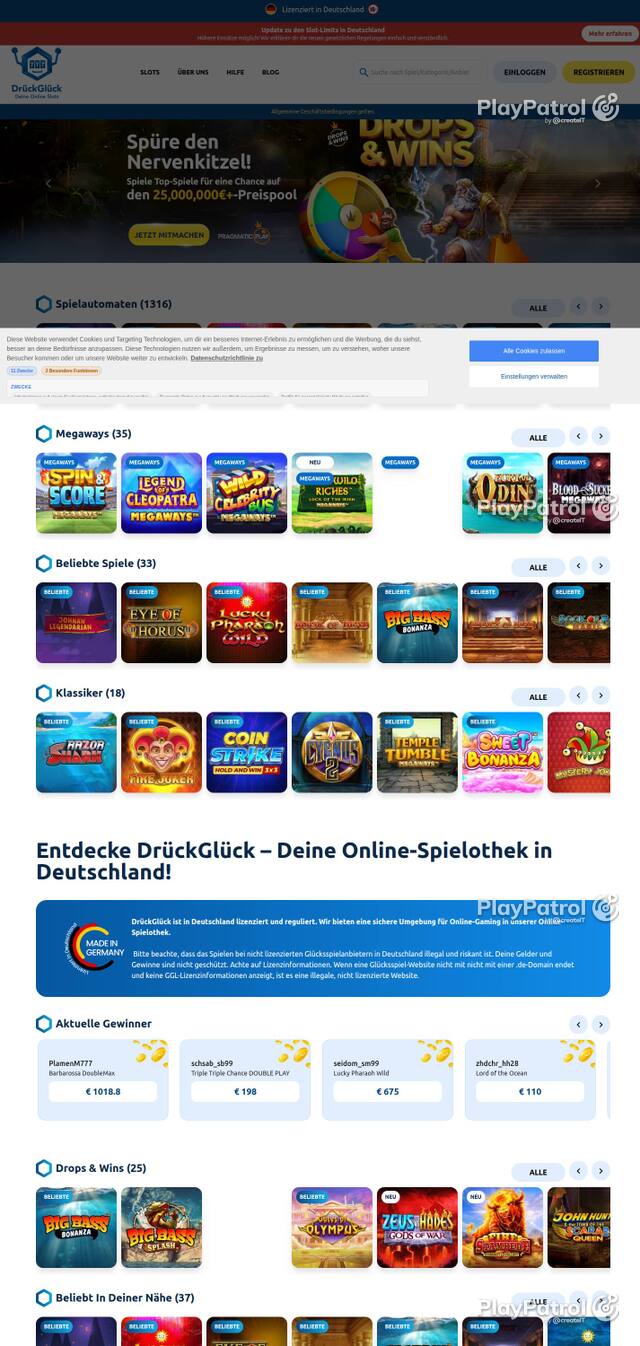 Homepage capture of DrückGlück recorded during the scan